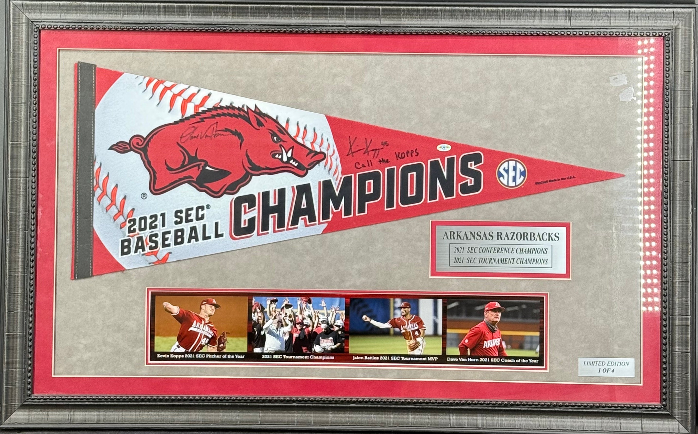 Kevin Kopps & Dave Van Horn Signed 2021 SEC Champions Pennant Framed Display