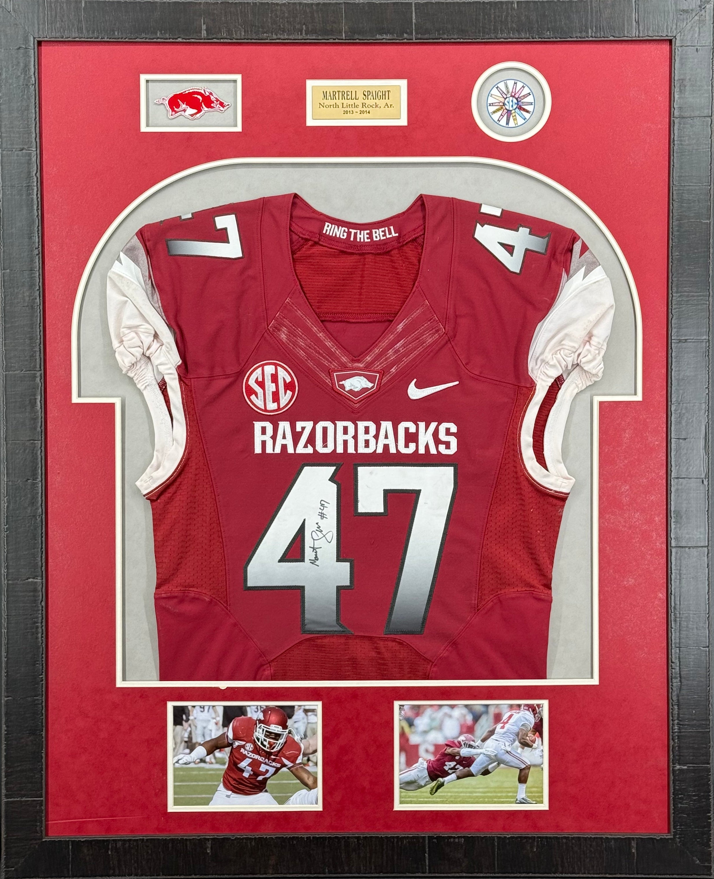 Martrell Spaight Game-Used & Autographed Arkansas Razorbacks Jersey Display