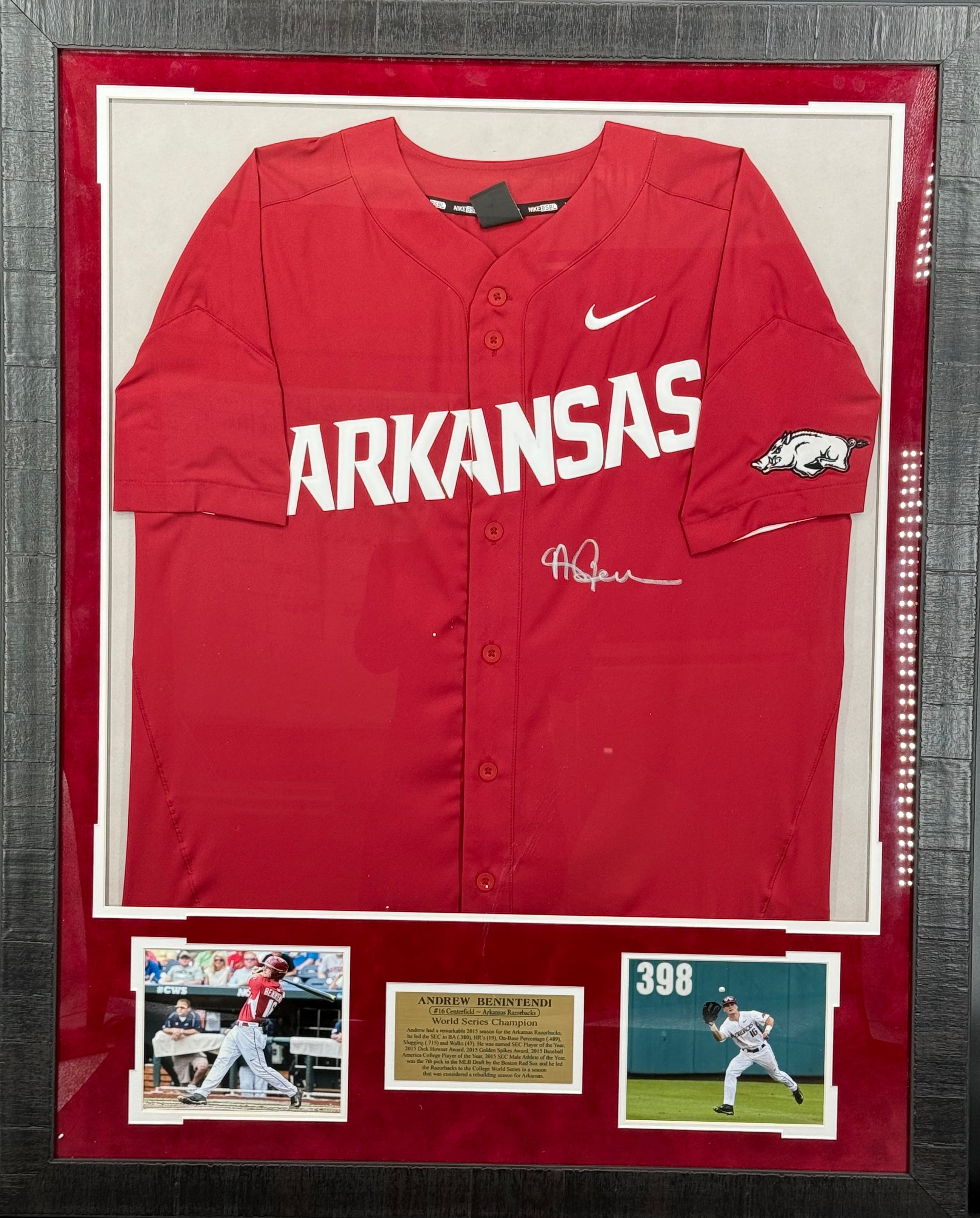 Andrew Benintendi Autographed Arkansas Razorbacks Jersey Framed Display